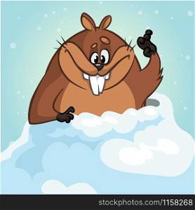 Vector funny groundhog. Cartoon a cute groundhog peeking out of its hole smiling and waving. Vector isolated
