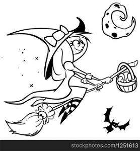 Vector funny Halloweenwitch flying on her broom.Black outline on white isolated background