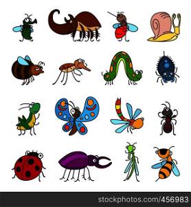 Vector funny insects and cute bugs on white background. Vector funny insects and bugs