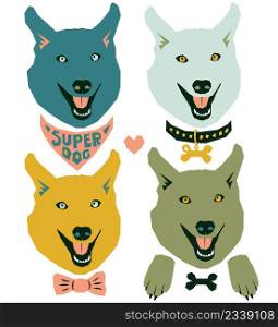 Vector funny muzzles of dogs in different colors
