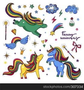 Vector funny set with rainbow, unicorn and other magic attributes. Stars, clouds and wings. Fabulously character unicorn and elements, illustration of magic fantasy character. Vector funny set with rainbow, unicorn and other magic attributes. Stars, clouds