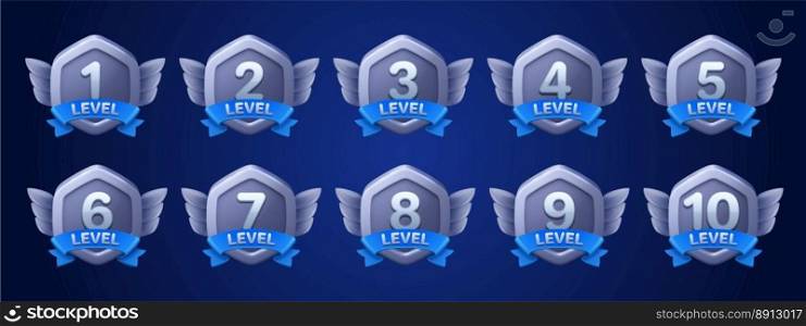 Vector game icon set with level up badge. Isolated achievement emblem with blue ribbon. 1st rank label design collection. Cartoon trophy tag. Metal play progress sign. Steel competition rating concept. Set of isolated game icon with level up medal.