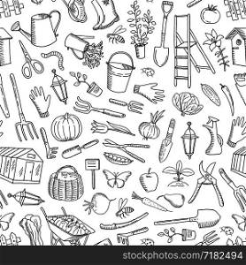 Vector gardening doodle icons background or pattern illustration. Garden doodle sketch drawing, hand drawn wheelbarrow. Vector gardening doodle icons background or pattern illustration