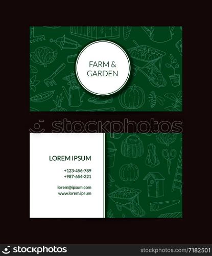 Vector gardening doodle icons business card template for for farm and garden tools shop illustration. Vector gardening doodle icons business card