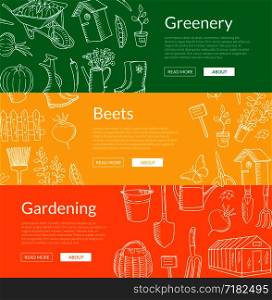 Vector gardening doodle icons horizontal web colored banners collection illustration. Vector gardening doodle icons horizontal web banners illustration