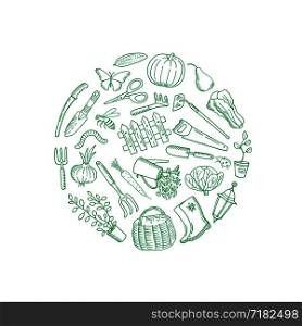Vector gardening doodle icons in round illustration isolated on white background. Vector gardening doodle icons label illustration on white