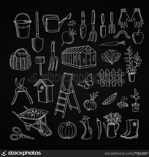 Vector gardening doodle icons of set on black chalkboard illustration isolated. Vector gardening doodle icons on black chalkboard illustration