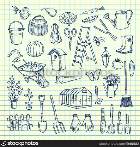 Vector gardening doodle icons on cell sheet illustration. Garden doodle sketch equipment bucket and saw, secateurs and gloves. Vector gardening doodle icons on cell sheet illustration