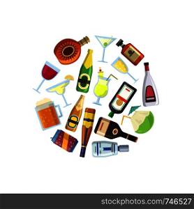 Vector gathered in circle illustration with alcoholic drinks in glasses and bottles in flat style isolated on white illustration. Vector illustration with alcoholic drinks in glasses and bottles in flat style