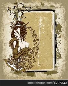 vector geisha with floral grunge frame
