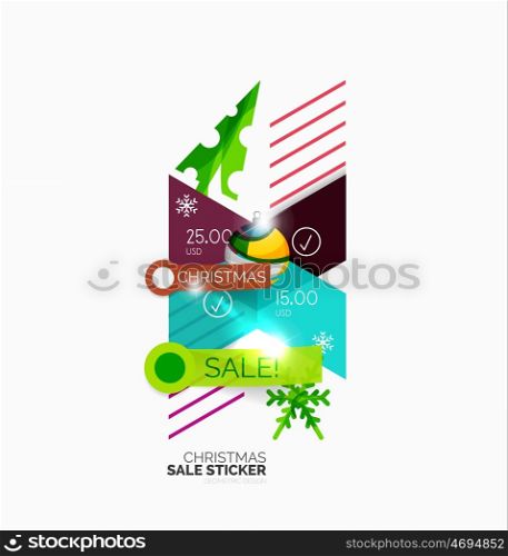 Vector Geometric Christmas Sale Stickers. Vector Geometric Christmas Sale Stickers - shiny paper style elements with holiday concepts - Snowflake and New Year Tree