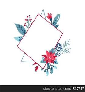 Vector geometric polygon frame with bouquet wreath. Christmas template for greeting card. Winter cones and pink flowers isolated on white background with place for text.. Vector geometric polygon frame with bouquet wreath. Christmas template for greeting card. Winter cones and pink flowers isolated on white background with place for text