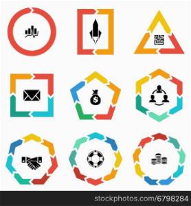 Vector geometric shapes arrows for infographic and startup business icon. Template for diagram, graph, presentation and chart. Business concept with 1,2,3, 4, 5, 6, 7, 8,9 options, parts, steps or processes