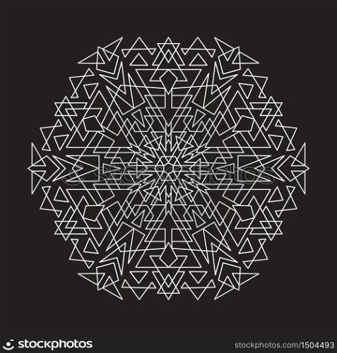 Vector Geometric Silver Ornamental Mandala Design on Black Background.