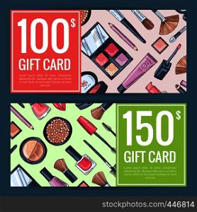 Vector gift card vouchers for beauty products with hand drawn makeup products isolated on dark background illustration. Vector gift card vouchers for beauty products with hand drawn makeup products