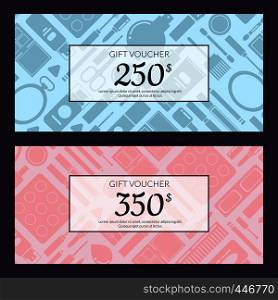 Vector gift card vouchers for beauty products with monochrome flat style makeup with transparent rectangles with place for text isolated on dark background illustration. Vector gift card vouchers for beauty products with monochrome flat style makeup