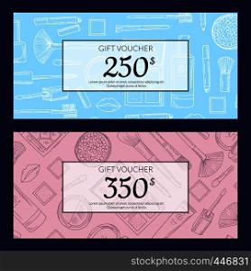 Vector gift card vouchers for beauty products with monochrome hand drawn makeup products isolated with transparent rectangles on dark background illustration. Vector gift card vouchers for beauty products with monochrome hand drawn makeup products
