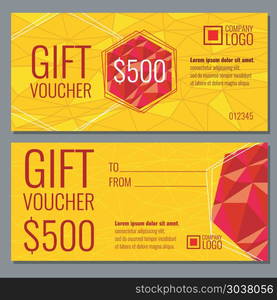 Vector gift voucher template with modern colorful polygonal pattern. Vector gift voucher template with modern colorful polygonal pattern. Present certificate with money illustration