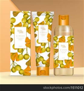 Vector Ginkgo Theme Beauty, Skin Care or Health Care Transparent Bottle or Tube Packaging with Carton Outer Box Illustration.
