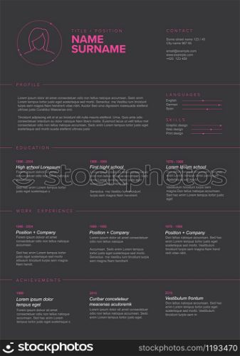 Vector girl or woman dark minimalist cv / resume template with content blocks design and pink accent