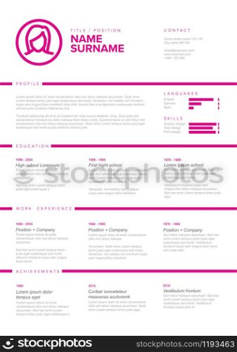 Vector girl or woman light minimalist cv / resume template with content blocks design and pink accent. Minimalist girl resume cv template