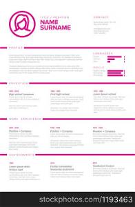 Vector girl or woman light minimalist cv / resume template with content blocks design and pink accent. Minimalist girl resume cv template