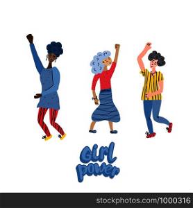 Vector girl power concept with characters. Young women in flat style isolated on white background.