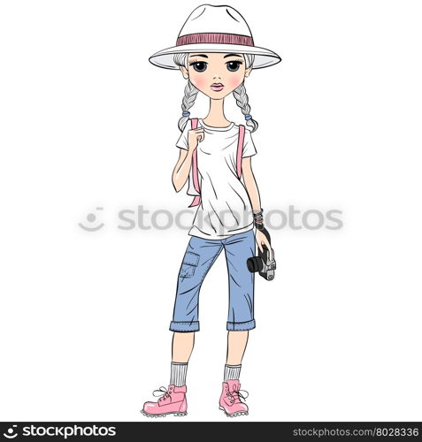 Vector girl traveler with photo camera. Lovely fashion girl traveler in white hat with photo camera in sketch-style.