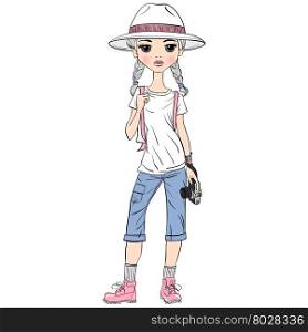 Vector girl traveler with photo camera. Lovely fashion girl traveler in white hat with photo camera in sketch-style.