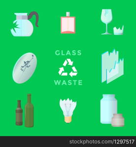 vector glassware perfume flacon mirror window glass drink bottles lamp jars recycle glass waste management set. recycle glass waste management set