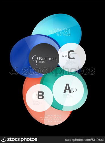 Vector glossy glass circles speech bubble on black. Vector glossy glass color circles speech bubble on black. Vector template background for print workflow layout, diagram, number options or web design banner