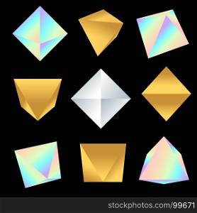 vector glossy platonic solids set. vector various jewelry silver gold pearl gradients colorful various angles of octahedron decoration shapes collection isolated black background