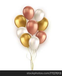 Vector glossy realistic bunch of gold white and pink balloon on transparent background for holiday celebration greeting card. Holiday Flying 3D glossy balloons and ribbon. Congratulations banner party invitation design with copy space. Vector realistic gold red black balloon on transparent background