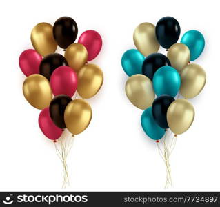 Vector glossy realistic bunch of gold white blue and pink balloon isolated on white background for holiday celebration greeting card. Holiday Flying 3D glossy balloons and ribbon. Congratulations banner party invitation design with copy space. Vector set of realistic gold red blue black balloon isolated on white background