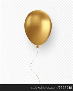 Vector glossy realistic gold baloon on transparent background for holiday celebration greeting card. Holiday Flying 3D glossy ballons and ribbon. Congratulations banner party invitation design with copy space. Vector glossy realistic gold baloon on transparent background