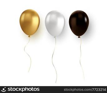 Vector glossy realistic gold black and white baloon on transparent background for holiday celebration greeting card. Holiday Flying 3D glossy ballons and ribbon. Congratulations banner party invitation design with copy space. Vector glossy realistic gold baloon on transparent background