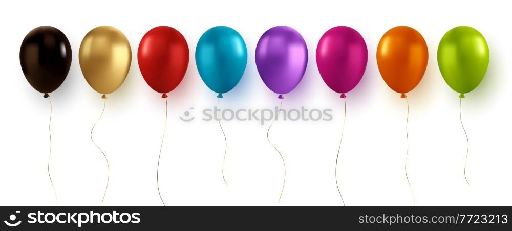 Vector glossy realistic gold, red, black, blue, green baloon on transparent background for holiday celebration greeting card. Holiday Flying 3D glossy ballons and ribbon. Congratulations banner party invitation design with copy space. Vector glossy realistic gold baloon on transparent background