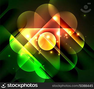 Vector glowing geometric shapes background. Vector glowing geometric shapes - round elements and circles on dark background