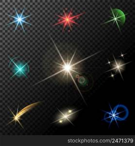 vector glowing lights, stars and sparkles on transparent background