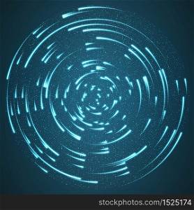 Vector glowing particles flying around the center leaving trails. Radar like blue background. Spinnig shining comets. Elegant modern geometric wallpaper.
