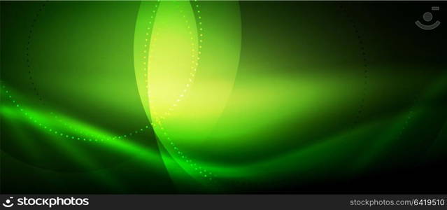 Vector glowing wave neon flowing curve background. Vector green glowing wave neon flowing curve background, light effects template