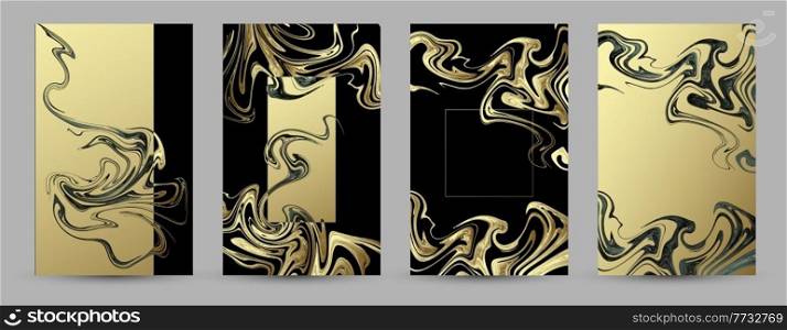 Vector Gold black marble template, artistic covers design. Ink liquid colorful realistic texture, luxury backgrounds. Trendy pattern, graphic poster, cards.. Gold marble template, artistic covers design, colorful realistic texture, luxury backgrounds. Trendy pattern, graphic poster, cards. Vector illustration