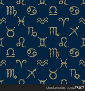 vector gold color hand drawn dotwork style zodiac signs dark background deco seamless pattern&#xA;dark blue background