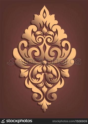 Vector gold damask volumetric ornamental element. Elegant floral abstract element for design. Perfect for invitations, cards etc.