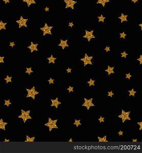 Vector gold glitter stars seamless pattern black background. Backdrop with foil star illustration. Vector gold glitter stars seamless pattern black background