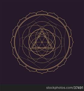 vector gold monochrome design abstract mandala sacred geometry illustration circles pentagons triangles lotus isolated dark brown background &#xA;