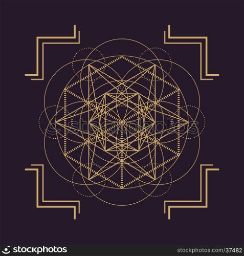 vector gold monochrome design abstract mandala sacred geometry illustration Metatron's cube circles isolated dark brown background &#xA;