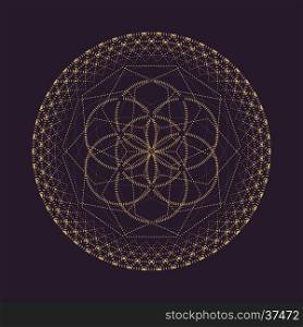 vector gold monochrome design abstract mandala sacred geometry illustration Seed of life isolated dark brown background &#xA;