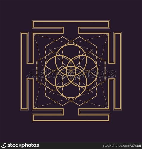 vector gold monochrome design abstract mandala sacred geometry illustration square hexagons bhupura isolated dark brown background &#xA;