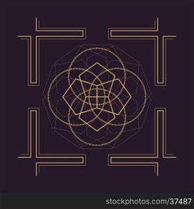 vector gold monochrome design abstract mandala sacred geometry illustration square pentagons circles isolated dark brown background &#xA;